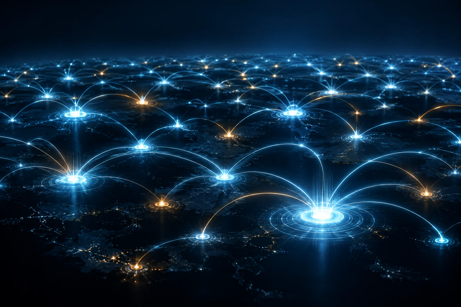 Abstract network of glowing hubs linked by arcs of light.