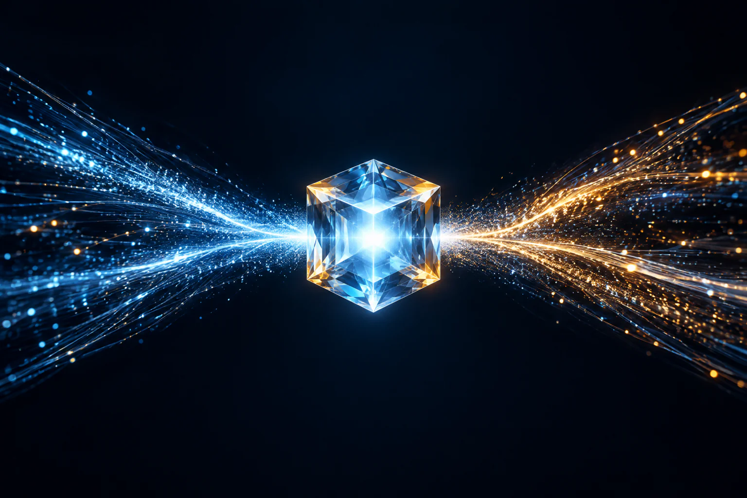 Abstract streams of light meeting in a crystal cube.