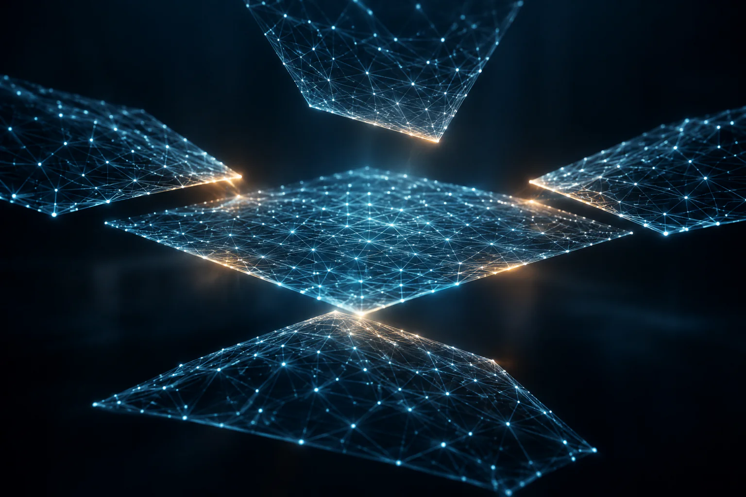 Abstract tiles of network mesh fusing into one surface.