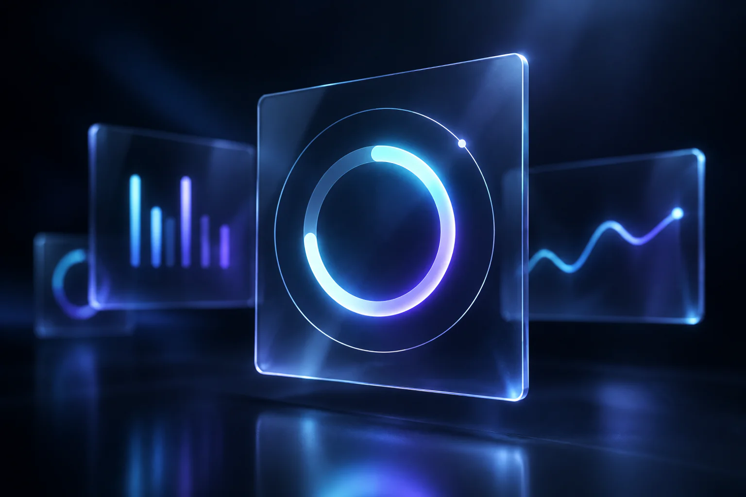 Abstract glass panels showing glowing gauges and charts.