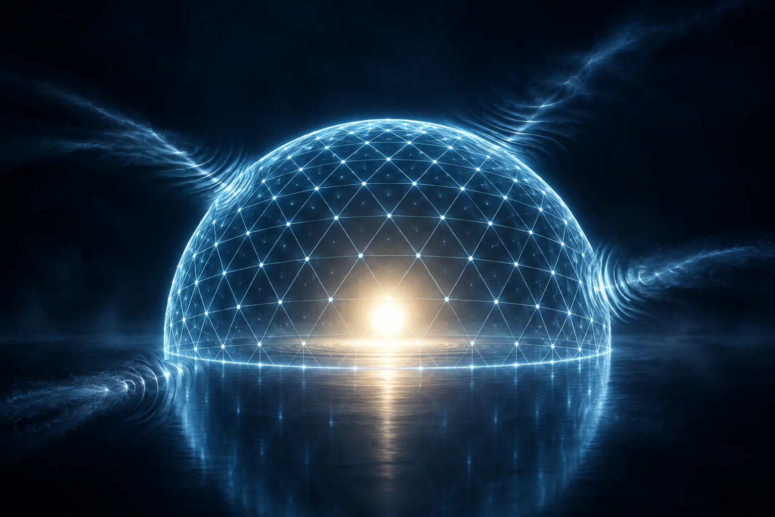 Abstract geodesic dome of light sheltering a bright core.